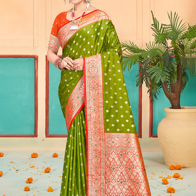 Olive Green Silk Saree With Blouse Piece