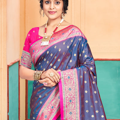 Blue Silk Saree With Blouse Piece