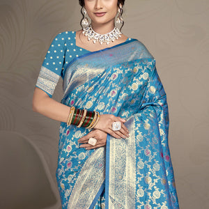 Sky Blue Silk Saree With Blouse Piece