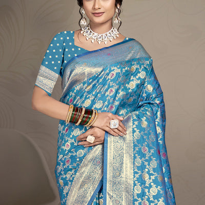 Sky Blue Silk Saree With Blouse Piece