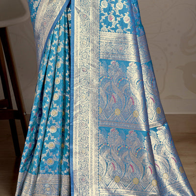 Sky Blue Silk Saree With Blouse Piece