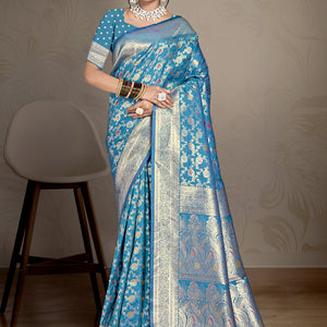 Sky Blue Silk Saree With Blouse Piece