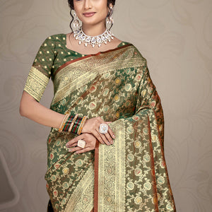 Olive Green Silk Saree With Blouse Piece
