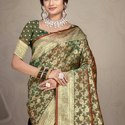 Olive Green Silk Saree With Blouse Piece