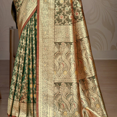 Olive Green Silk Saree With Blouse Piece