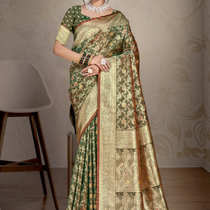Olive Green Silk Saree With Blouse Piece