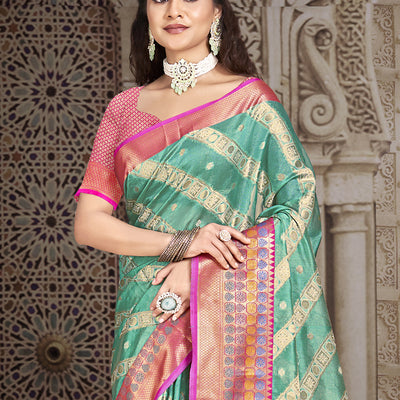 Teal Silk Saree With Blouse Piece