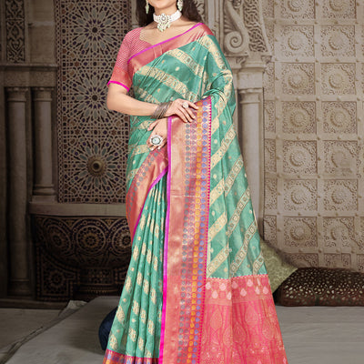 Teal Silk Saree With Blouse Piece
