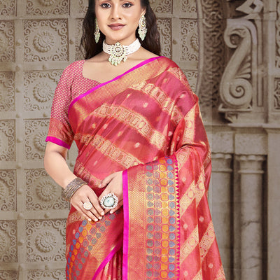 Pink Silk Saree With Blouse Piece