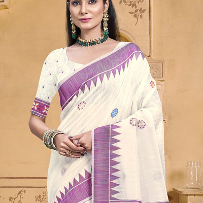 Cream Cotton Saree With Blouse Piece