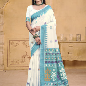 Cream Cotton Saree With Blouse Piece