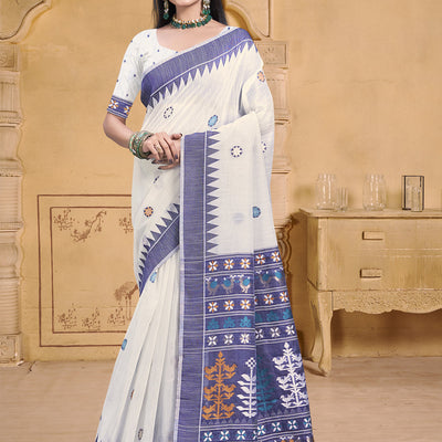 Cream Cotton Saree With Blouse Piece