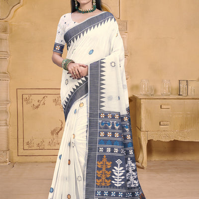 Cream Cotton Saree With Blouse Piece