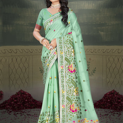 Pista Green Cotton Saree With Blouse Piece