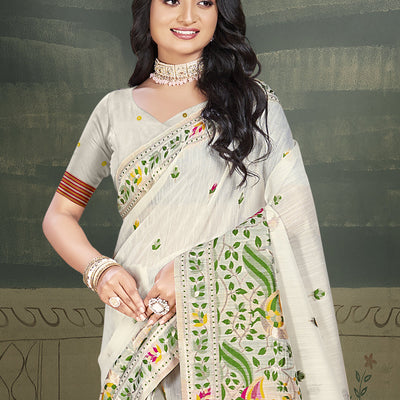 Cream Cotton Saree With Blouse Piece