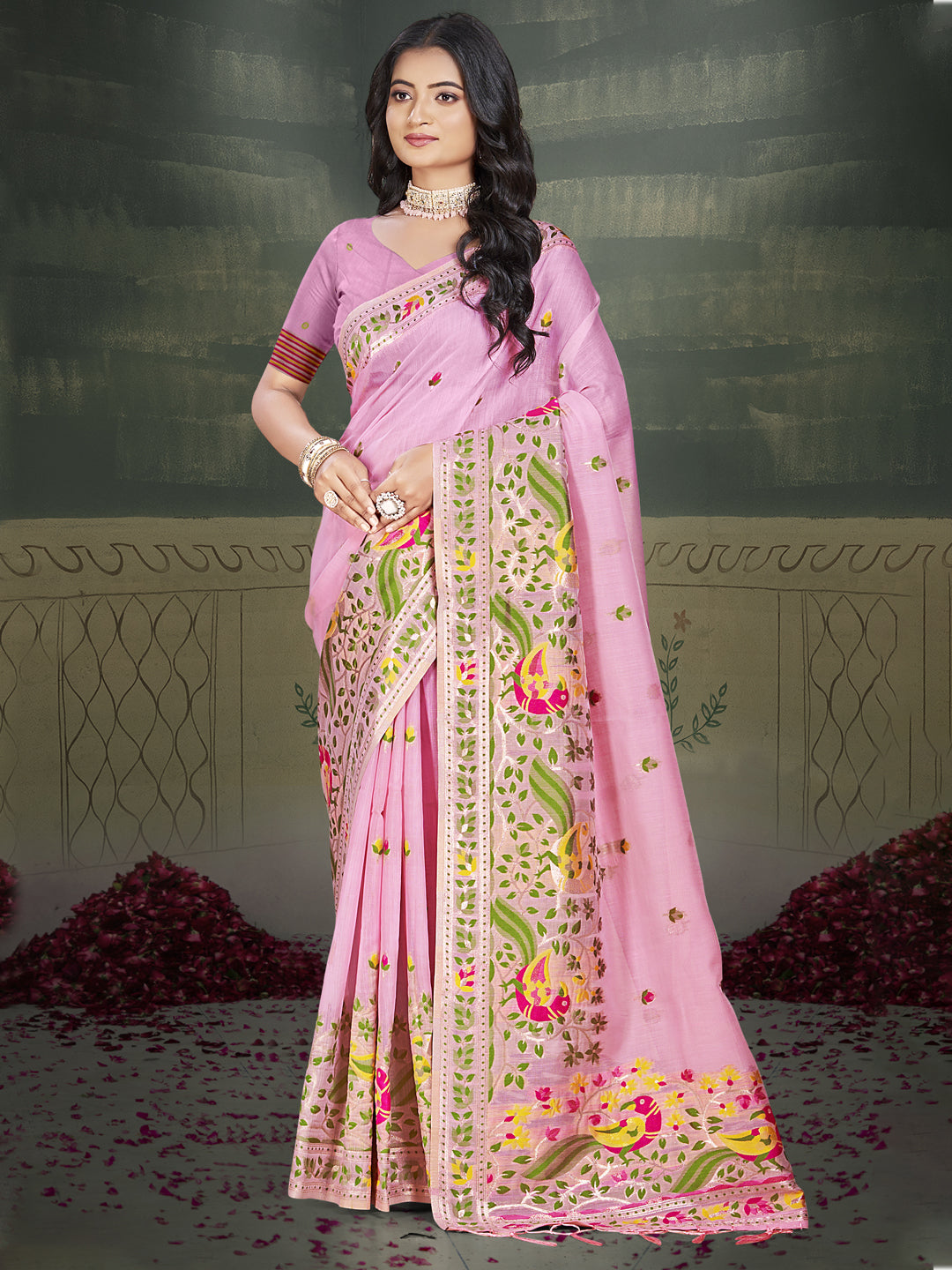 Pink Cotton Saree With Blouse Piece