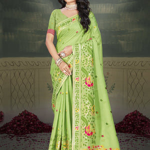 Green Cotton Saree With Blouse Piece