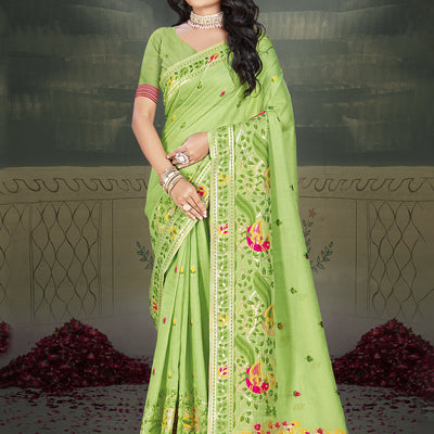 Green Cotton Saree With Blouse Piece