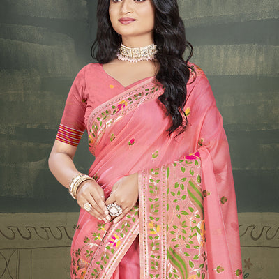 Pink Cotton Saree With Blouse Piece