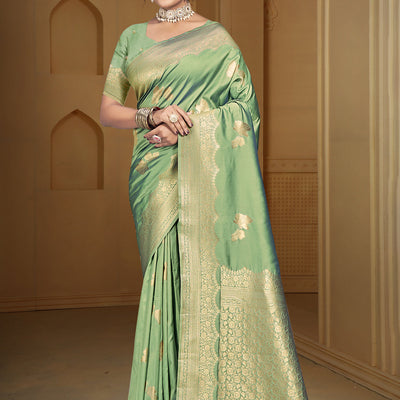 Pista Green Silk Saree With Blouse Piece