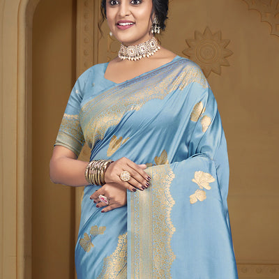 Sky Blue Silk Saree With Blouse Piece