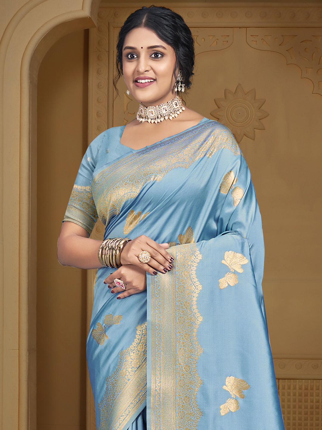 Sky Blue Silk Saree With Blouse Piece