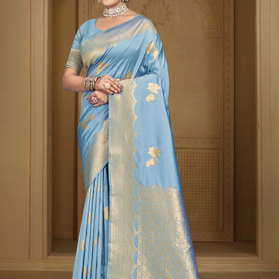Sky Blue Silk Saree With Blouse Piece