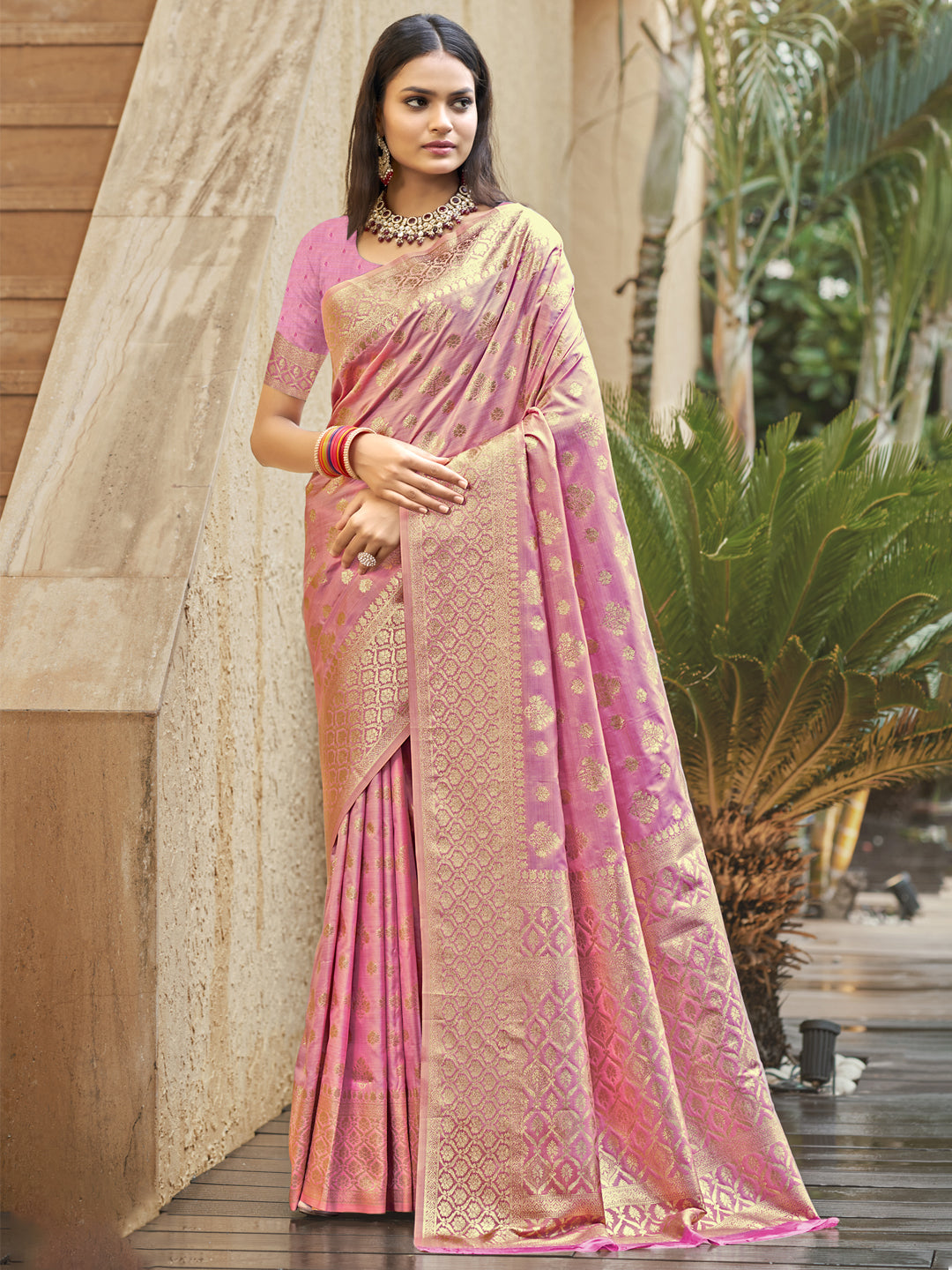 Pink Silk Saree With Blouse Piece