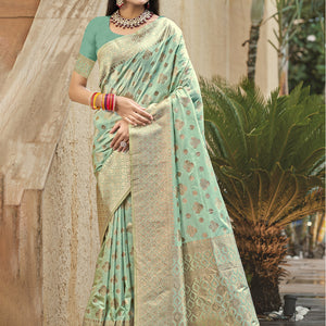 Teal Silk Saree With Blouse Piece