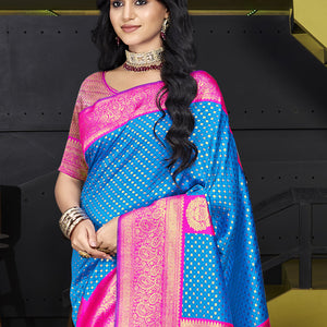 Sky Blue Silk Saree With Blouse Piece