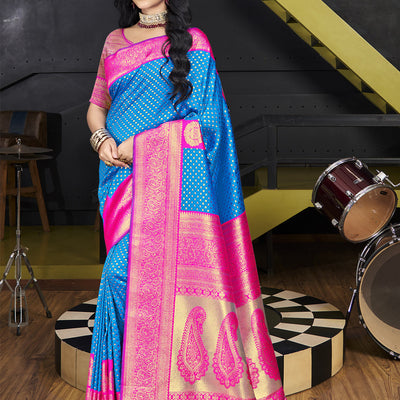 Sky Blue Silk Saree With Blouse Piece