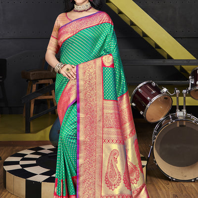 Teal Silk Saree With Blouse Piece