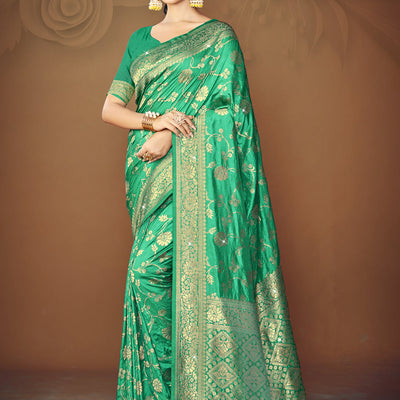 Teal Silk Saree With Blouse Piece