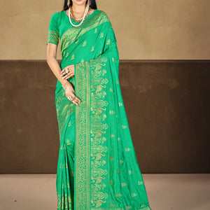 Teal Silk Saree With Blouse Piece