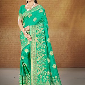Teal Silk Saree With Blouse Piece