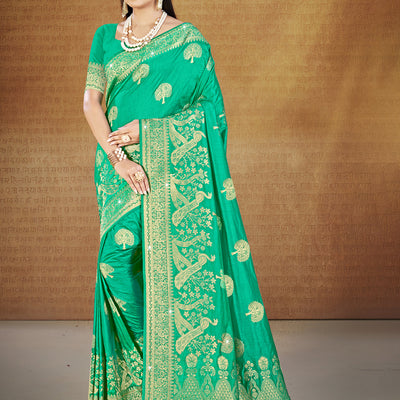 Teal Silk Saree With Blouse Piece