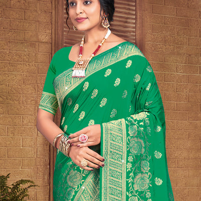 Teal Silk Saree With Blouse Piece