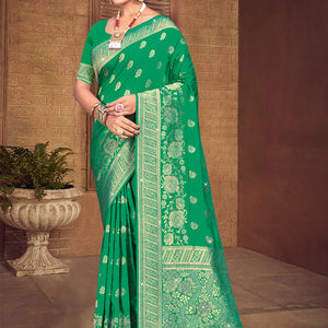 Teal Silk Saree With Blouse Piece