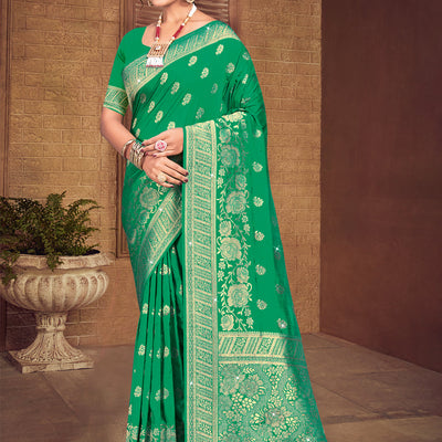 Teal Silk Saree With Blouse Piece