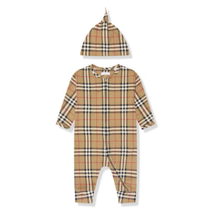 Burberry Baby Claude Archive Check Beige Romper Set