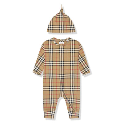 Burberry Baby Claude Archive Check Beige Romper Set