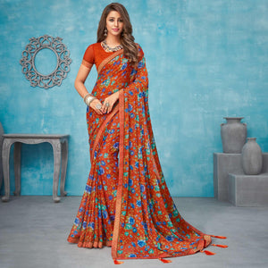 Burgundy Casual Wear Floral Printed Chiffon Saree