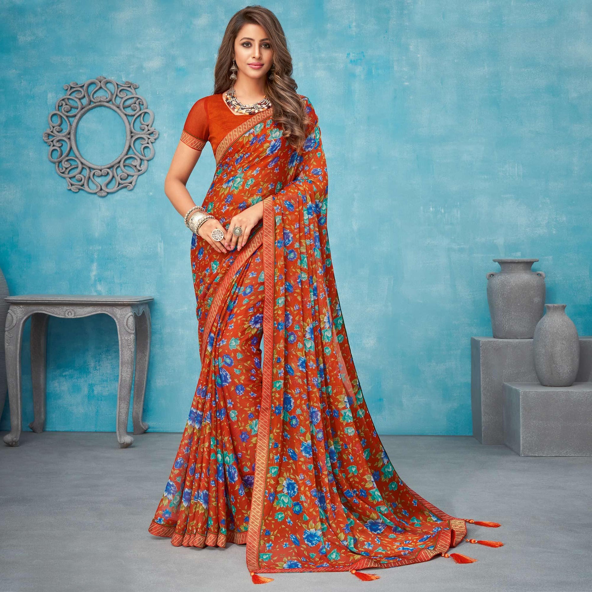 Burgundy Casual Wear Floral Printed Chiffon Saree