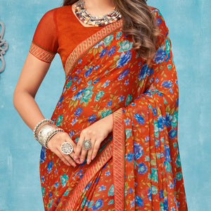 Burgundy Casual Wear Floral Printed Chiffon Saree