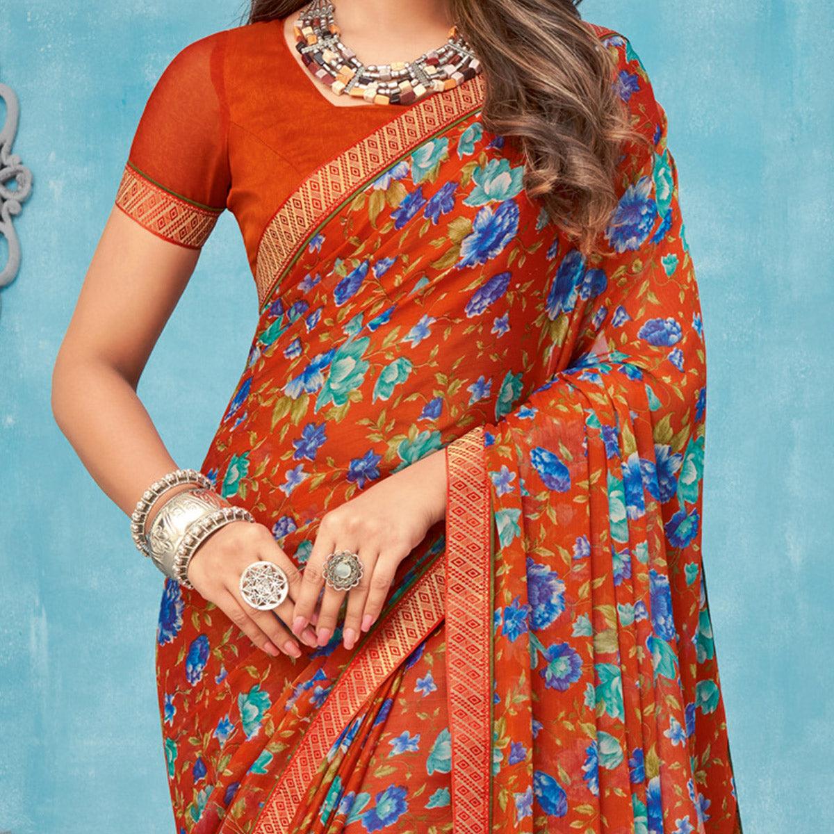 Burgundy Casual Wear Floral Printed Chiffon Saree