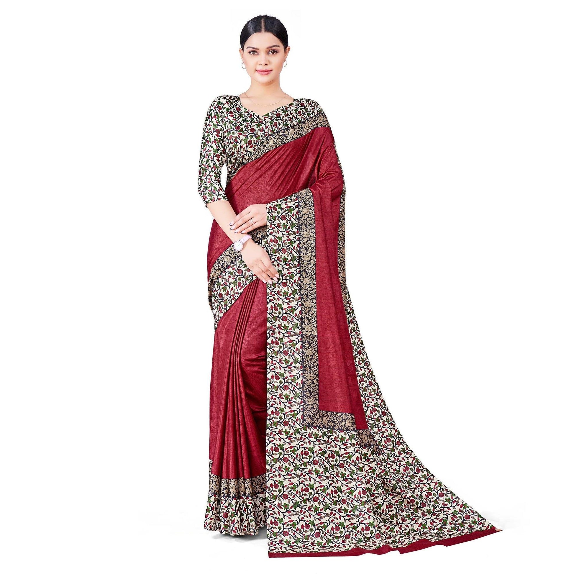 Burgundy Casual Wear Printed Art Silk Saree