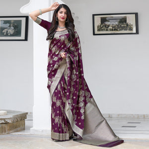 Burgundy Festive Wear Designer Woven Silk Saree