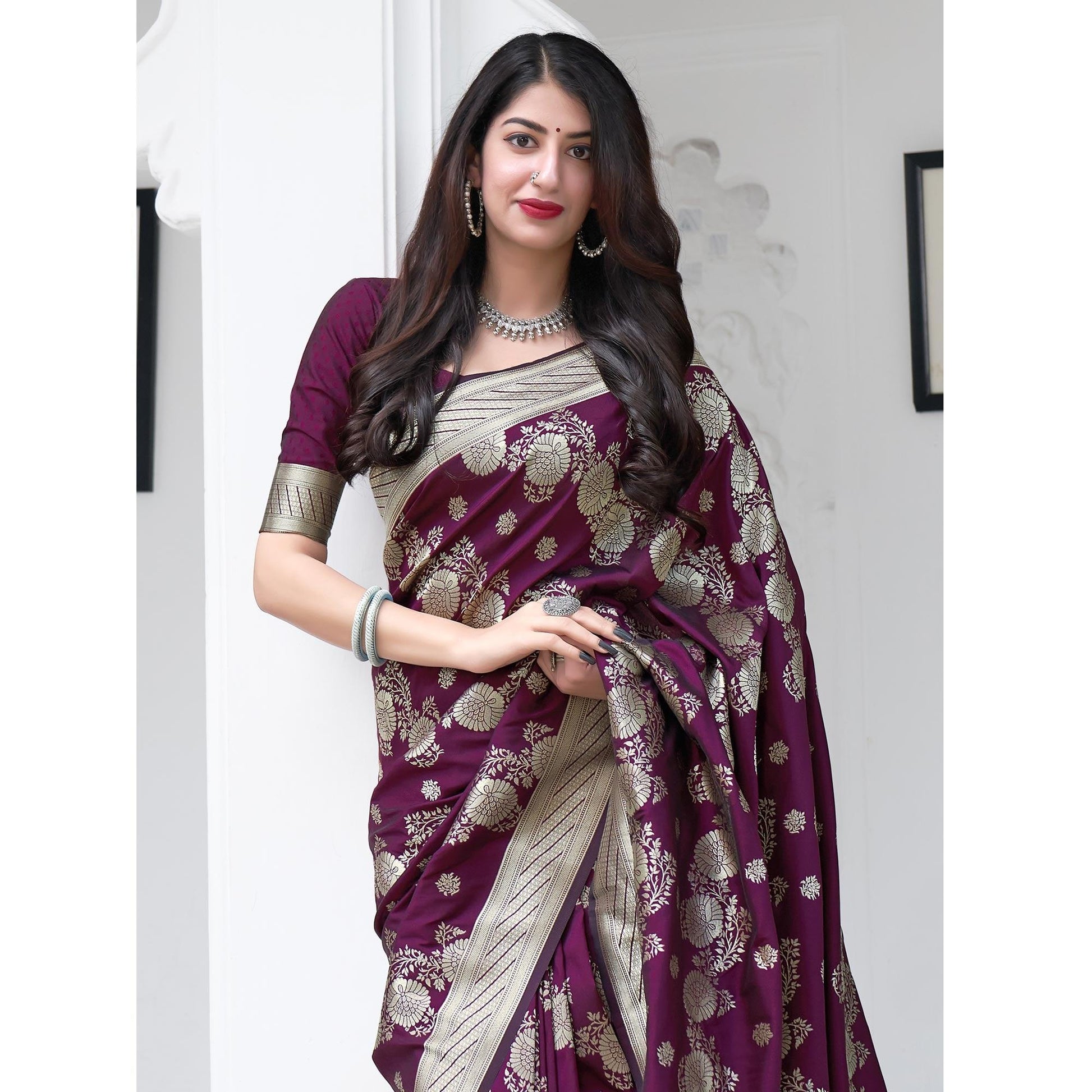 Burgundy Festive Wear Designer Woven Silk Saree