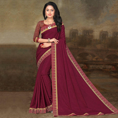 Burgundy Festive Wear Lace Work Silk Saree