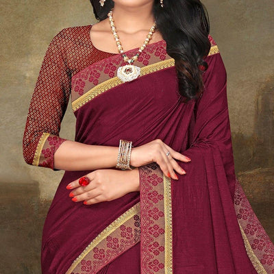 Burgundy Festive Wear Lace Work Silk Saree